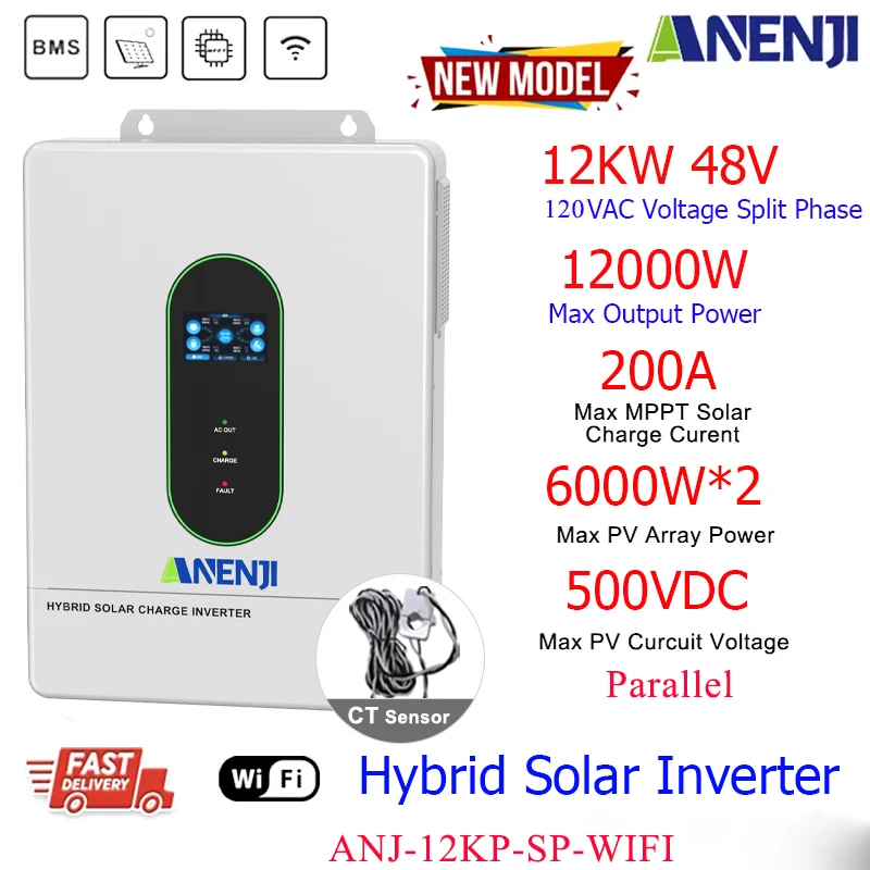 

Гибридный солнечный инвертор с разделенным фазой, 12 кВт, параллельный инвертор 48 В, 120 В/230 В, двойной MPPT, трехфазный MPPT, 200 А, солнечное зарядное устройство PV 500 В