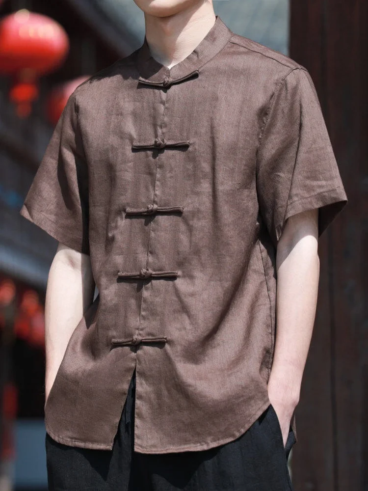 

Мужская летняя рубашка из чистого льна с коротким рукавом, новая модель в китайском стиле, тонкая, дышащая, повседневная, модная
