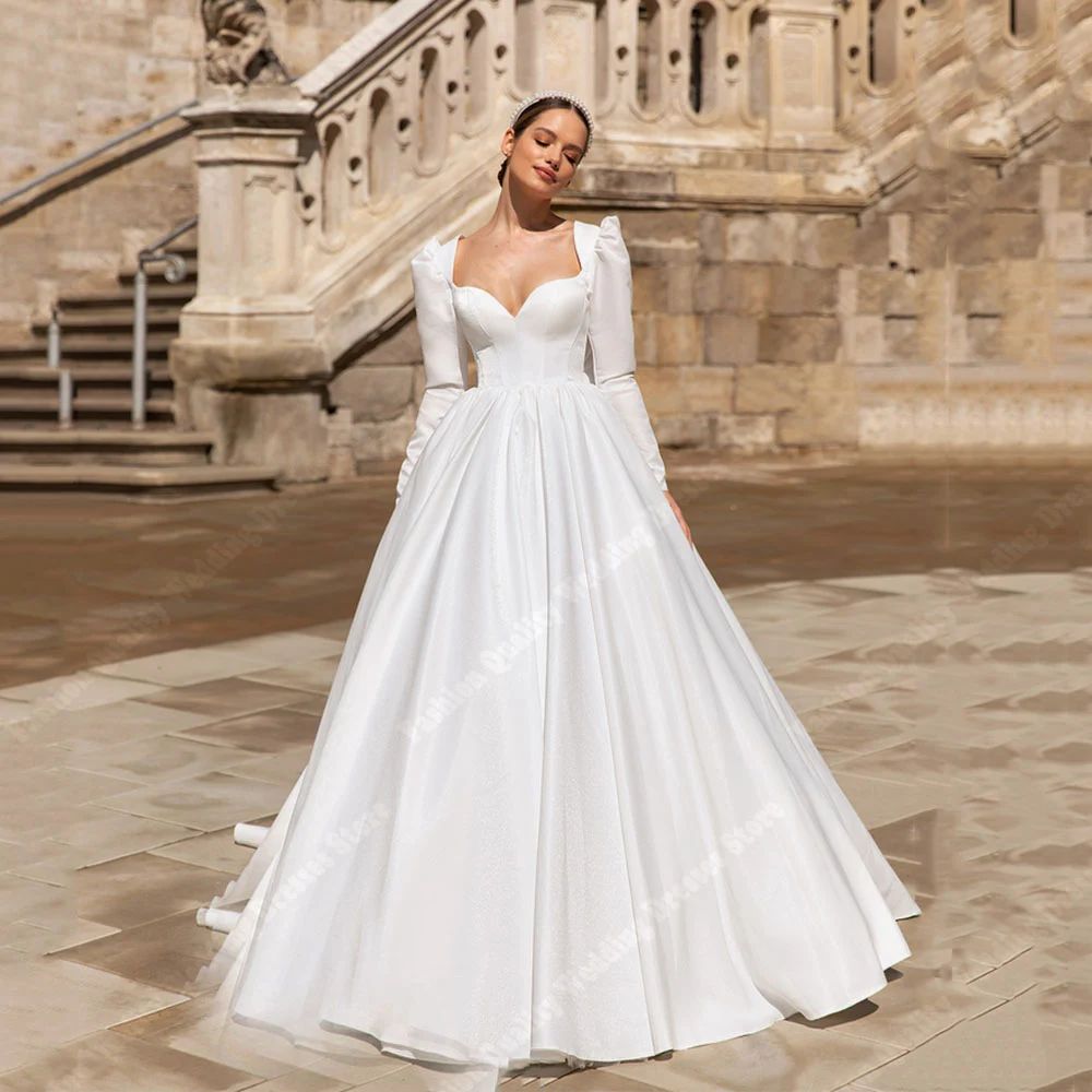 Elegante A-Linie Frauen Brautkleider Vintage Satin Stoff lange Ärmel Brautkleider Verlobung Bankett Vestidos de Novias