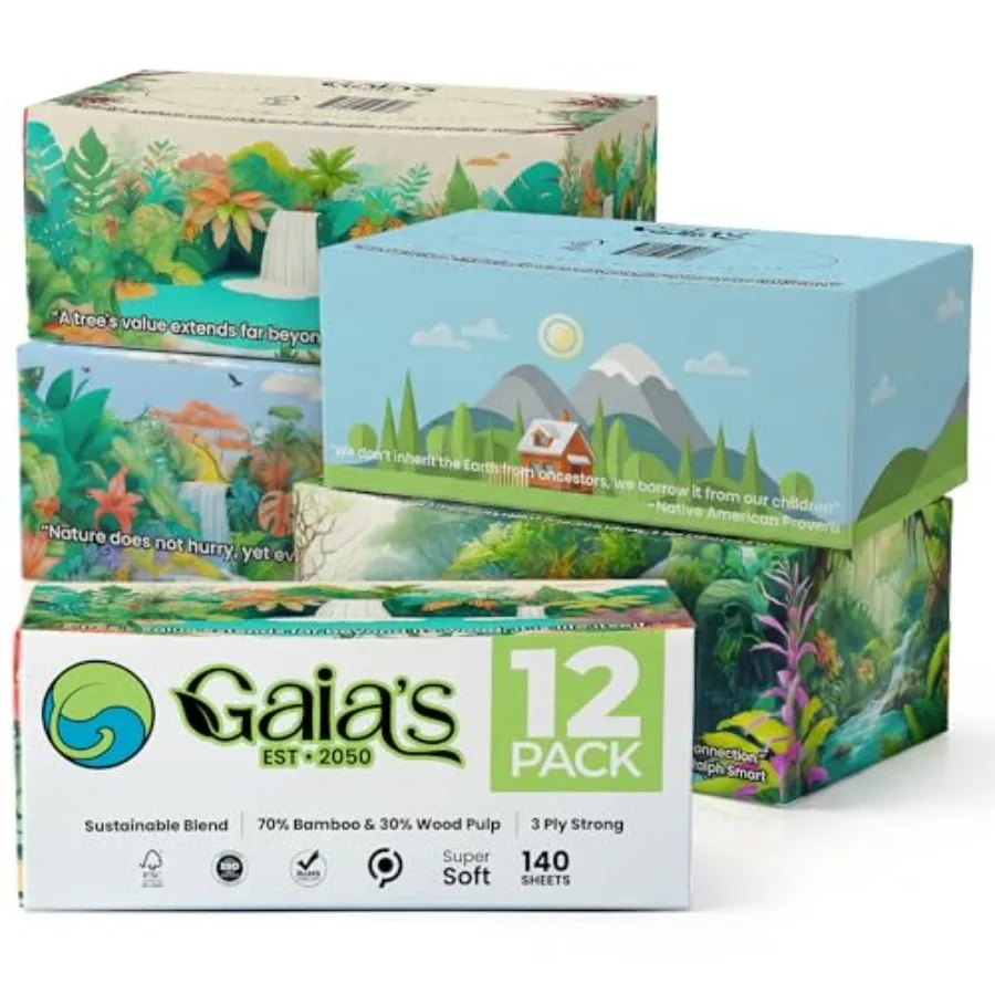 

Gaias Premium 3 Ply Facial Tissues, Strong and Soft, 140 Sheets 1680 Sheets - 12 Pack Made From Bamboo, Zero Plastic Packaging,