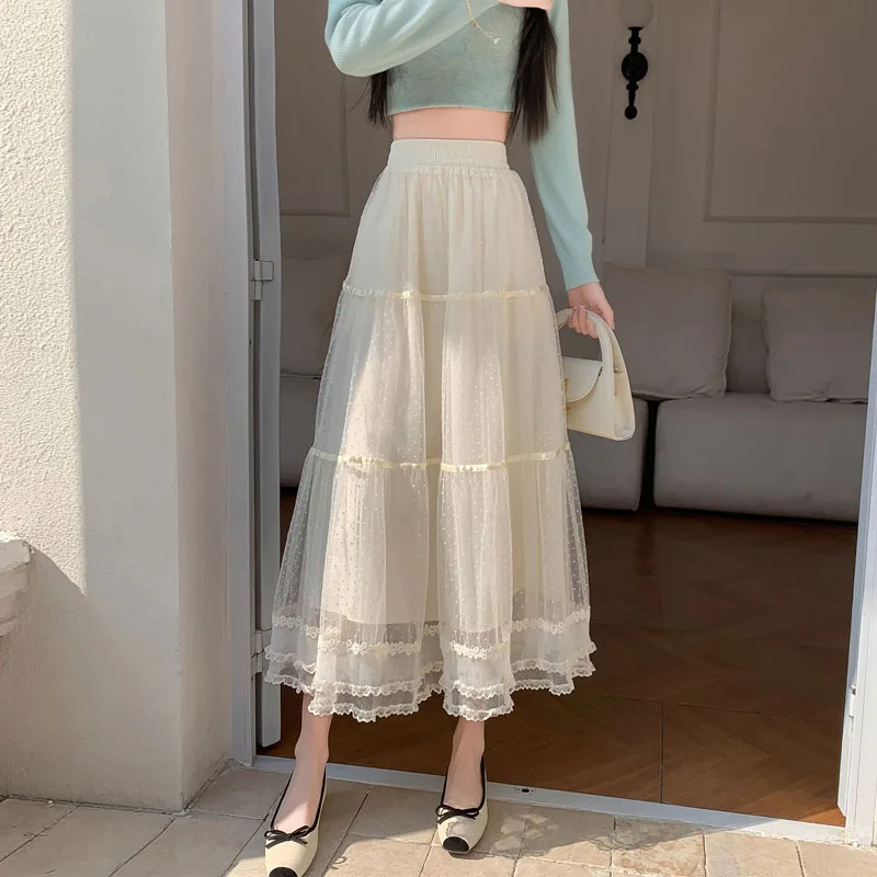 Spring/Summer Women's High Waist Elastic Waist Mesh Skirt A-Line Midi Skirt Light Beige New Arrival Gauze Skirt