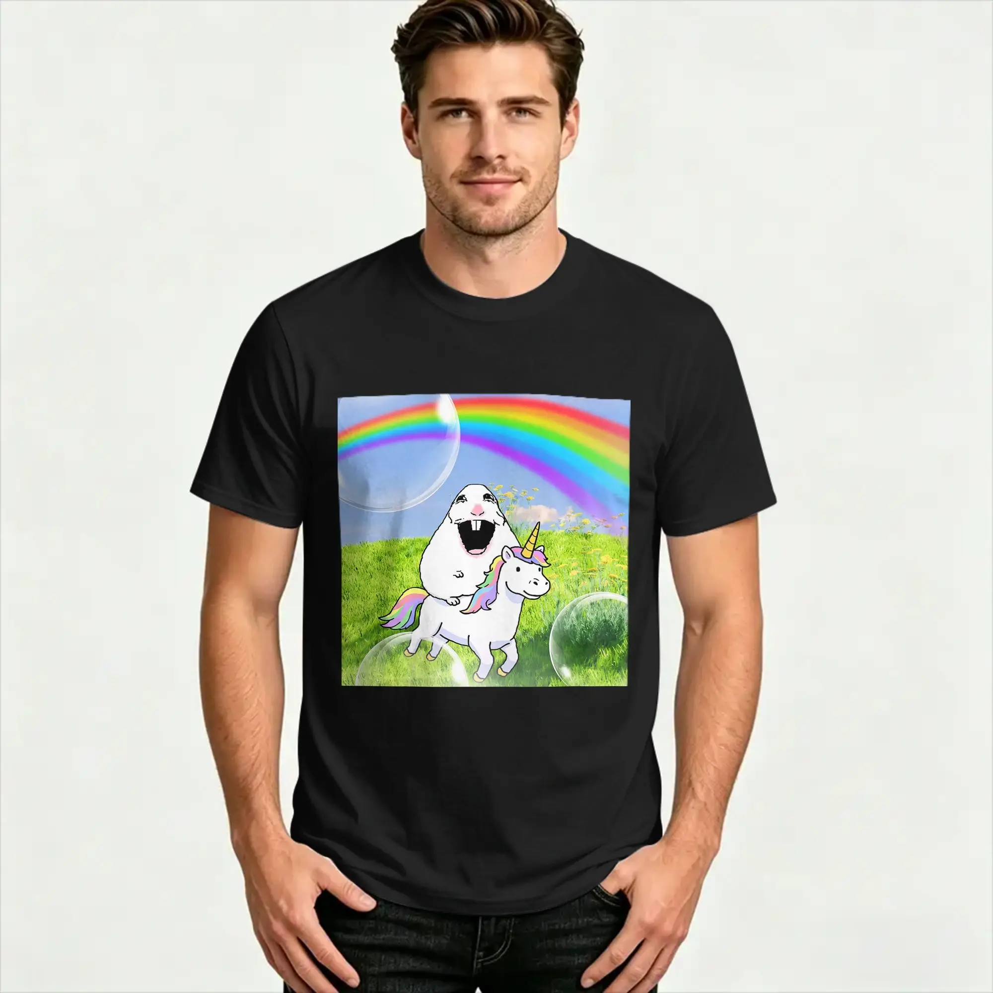 Happy Hamster Riding Unicorn T Shirt  Fashion T Shirts Short Sleeve Y2K Casual Tshirt Beach Pure Cotton 4XL 5XL 6XL Clothes