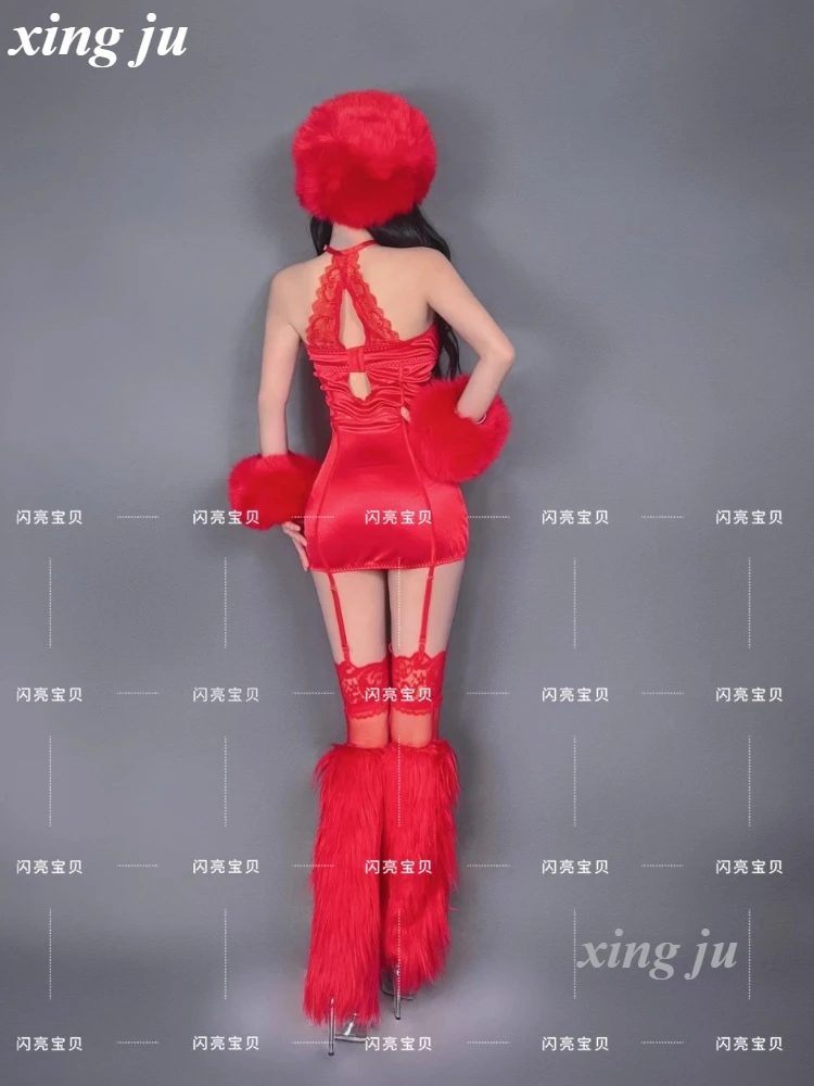 Nightclub Hot Girl Performance Costume Pole Dance Red Clothing Female Singer DJ Stage Dancer Sexy White Strapless Short Dress