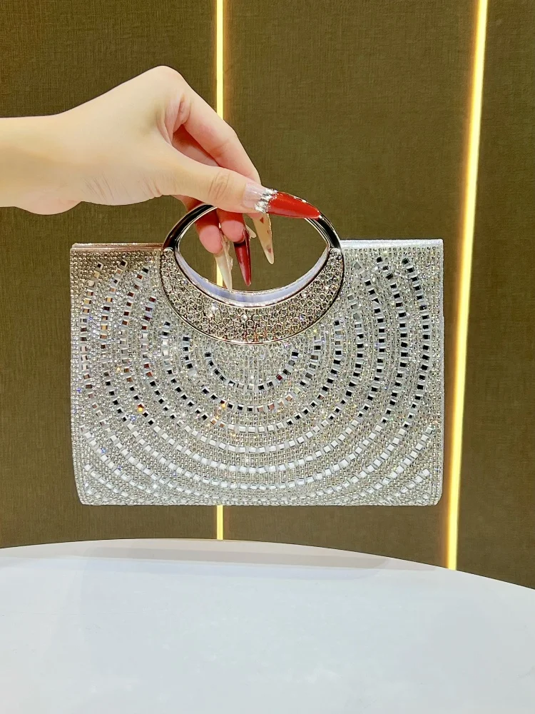 

New Luxury Designer Striped Diamond Embedded Banquet Bag Women High-end Shiny Rhinestone Wedding Bridal Clutch Handbag Purse