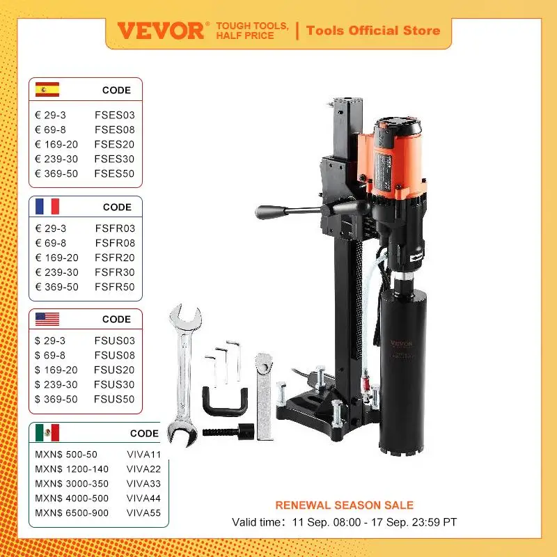 VEVOR 3200W 750RPM diamentowa wiertarka rdzeniowa na mokro/na sucho wiertnica rdzeniowa do betonu stojak przemysłowa mokra elektryczna wiertarka rdzeniowa