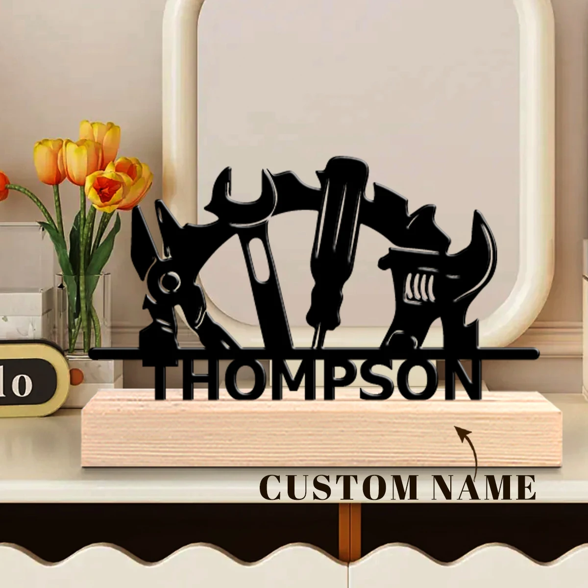 1pc Unique Personalized Metal Statue Ornaments Custom Content With Wooden Base Room Decorations, Bar Counter Decorations
