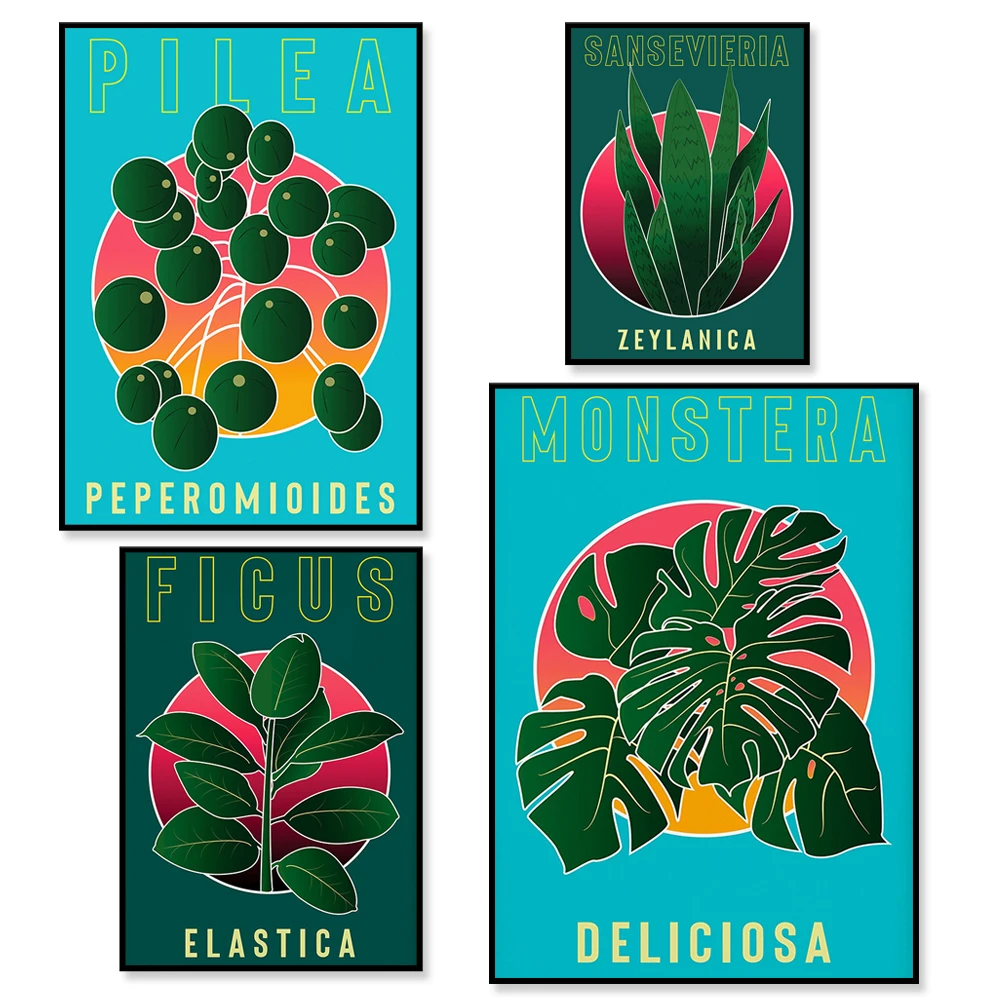 Monstera Deliciosa, Sansevieria, Rubber Plant Ficus Elastica Poster, Swiss Cheese Plant, Vibrant Wall Art, Gift for Plant Lovers
