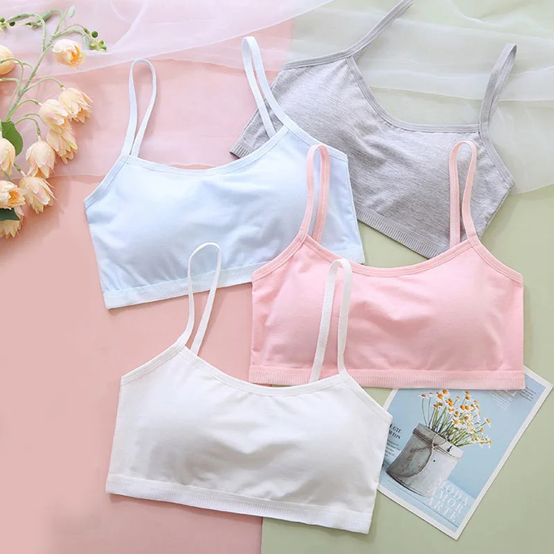 Adolescent Girls Brasserie Fixed Pad Comfortable Cotton Crop Top Bra - Chest Support for Teen Breast Care 4 Pcs