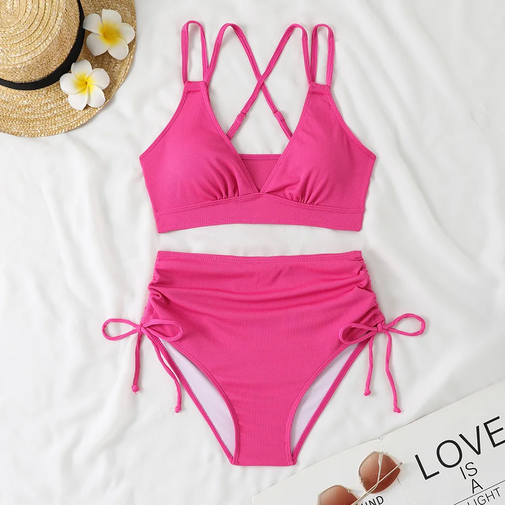 

HIAVAVA Women Solid Color Fashion Pit Stripe Two Piece Swimsuit Sexy Push Up Swimwear High Waist Drawstring Bathing Suit Bikini