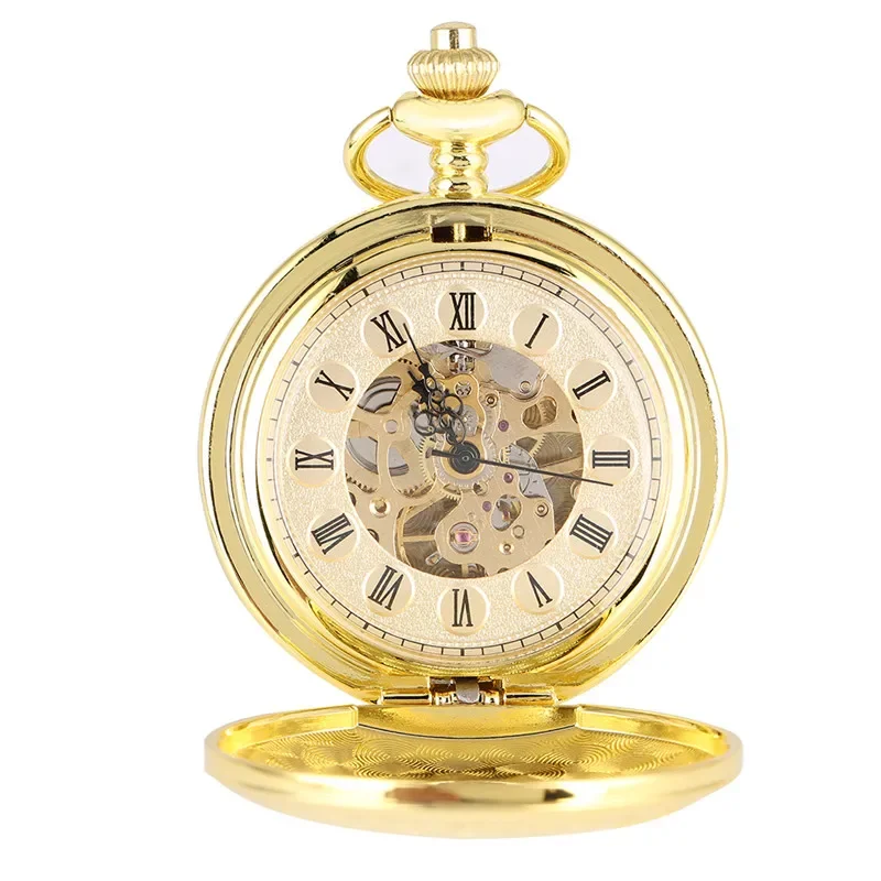 Luxury Yellow Gold Antique Hand Winding Mechanical Skeleton Pocket Watch Double Open Hunter Pendant Chain Hour Clock Gift Reloj