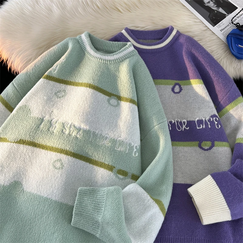 

Модный вязаный свитер оверсайз для подростков, весна-осень, повседневный, свободный, с длинными рукавами, круглым вырезом, цветной