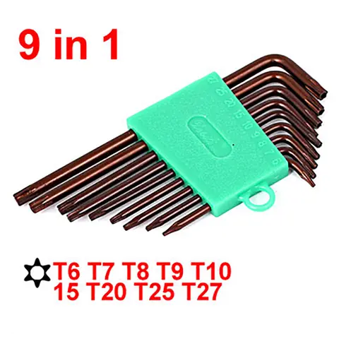 9 in 1 Torx 키 렌치 세트, T6 T7 T8 T9 T10 T15 T20 T25 T27 L 모양의 S2 보안 Torx 키 렌치 스패너 수리 도구, 스크루드라이버
