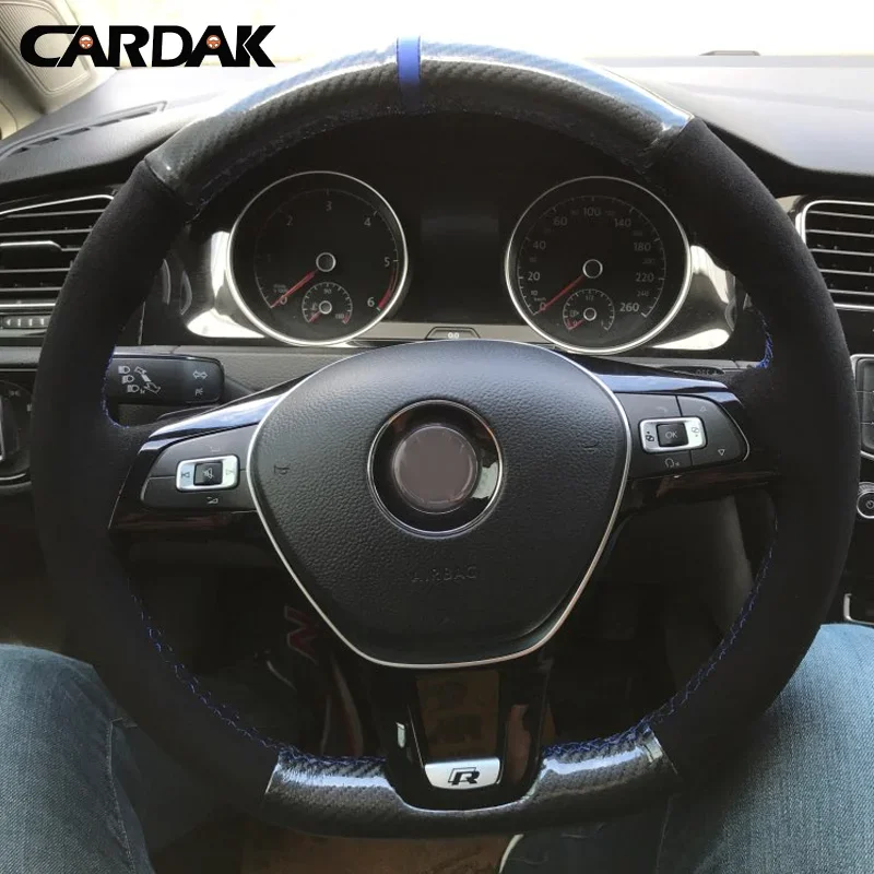 CARDAK Hand-stitched Black Carbon fiber Leather Suede Steering Wheel Cover for Volkswagen VW Golf 7 Mk7 New Polo Jetta Passat B8