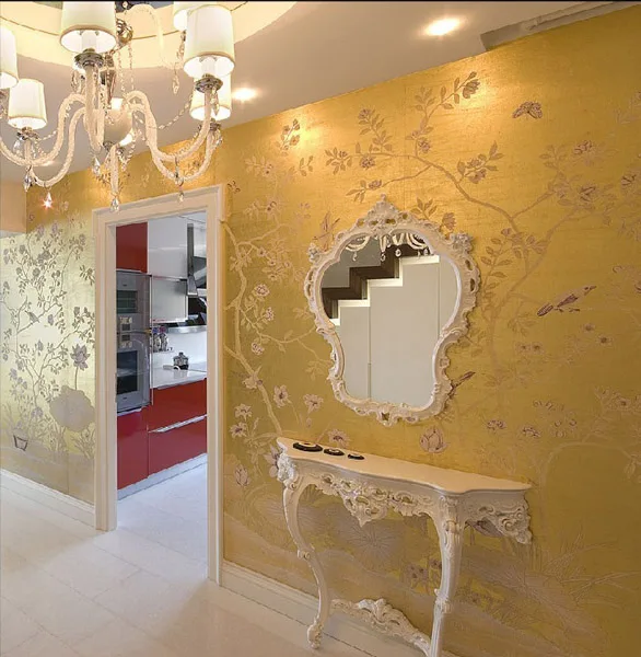 Imagem -04 - Personalizado Luxo Feito à Mão Ouro Dourado Papel de Parede Pintado à Mão Flor Pássaro Quarto Sala de Estar Estudo Sala de Jantar Varanda Sofá tv Papel de Parede