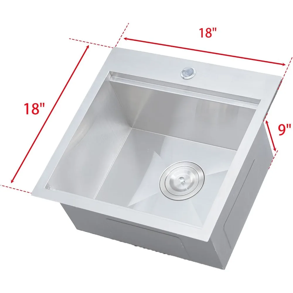 HOTIS 18 X 18 Inch Drop In Bar Sink, Stainless Steel Small Kitchen Sink, Top Mount Deep Workstation Single Bowl Sink, Outdoor