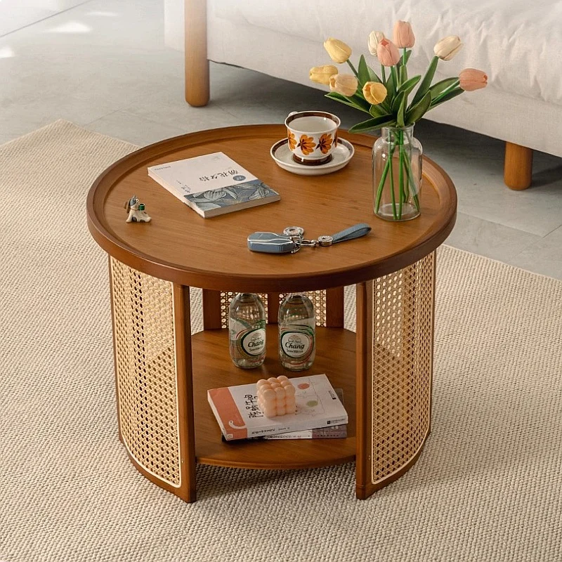 Rattan Round Side Table Double Layer Bohemian Wabi Sabi Coffee Nightstand