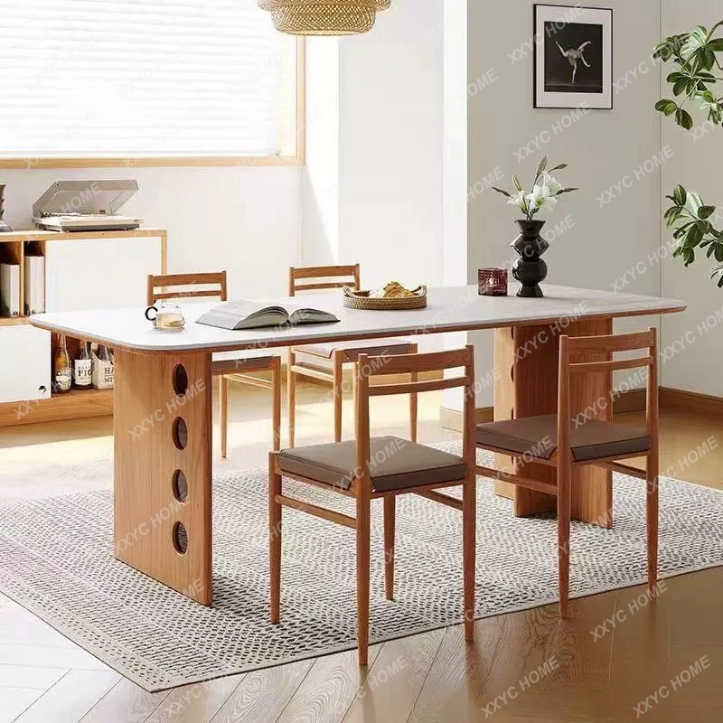 LXTravertine rock slab dining table  retro style home black birch light luxury dining table
