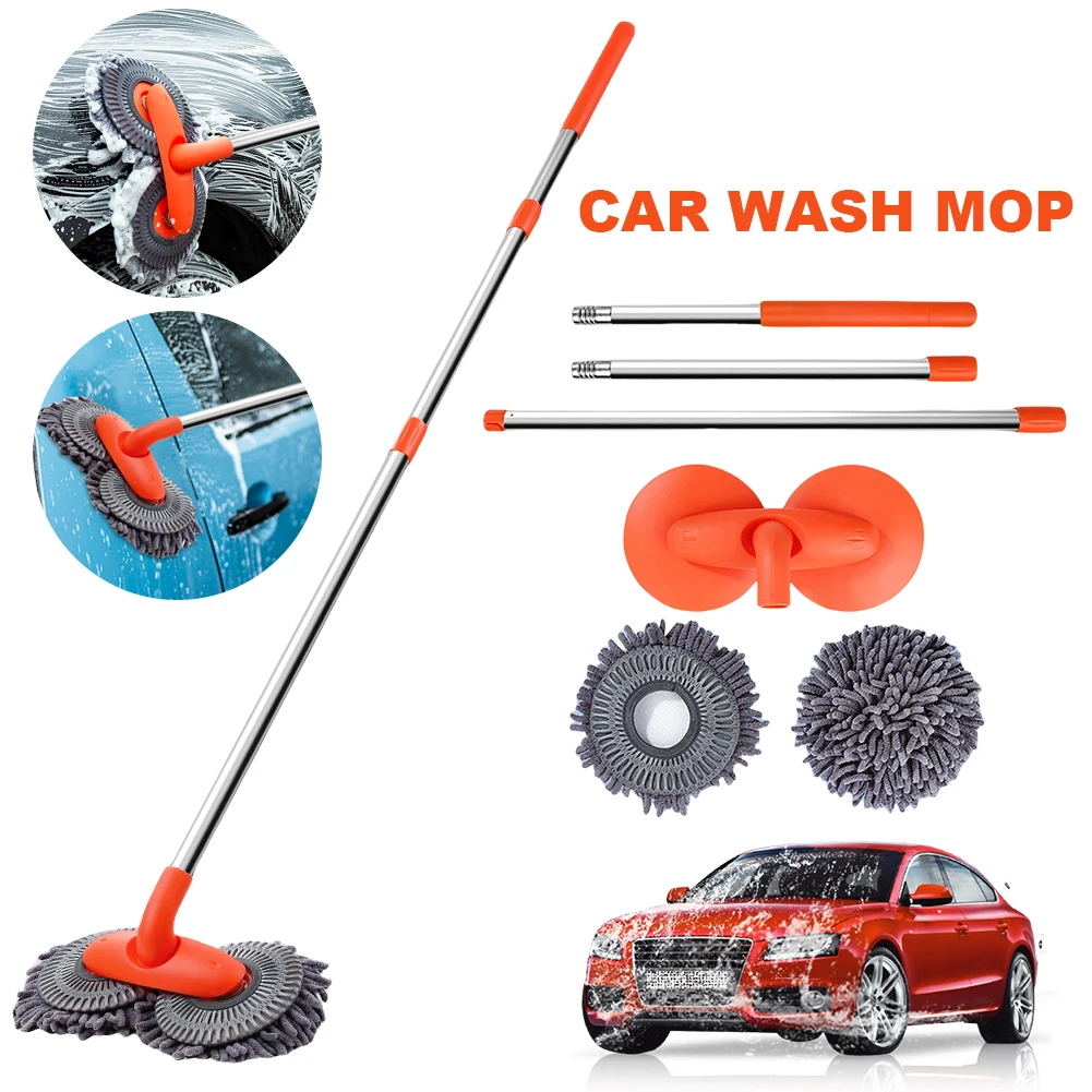 Car Washer Mop Double Brush Head Stretching Handle Windshield Roof Wipe Clean Broom Windshield Roof Window Cleaning Maintenance