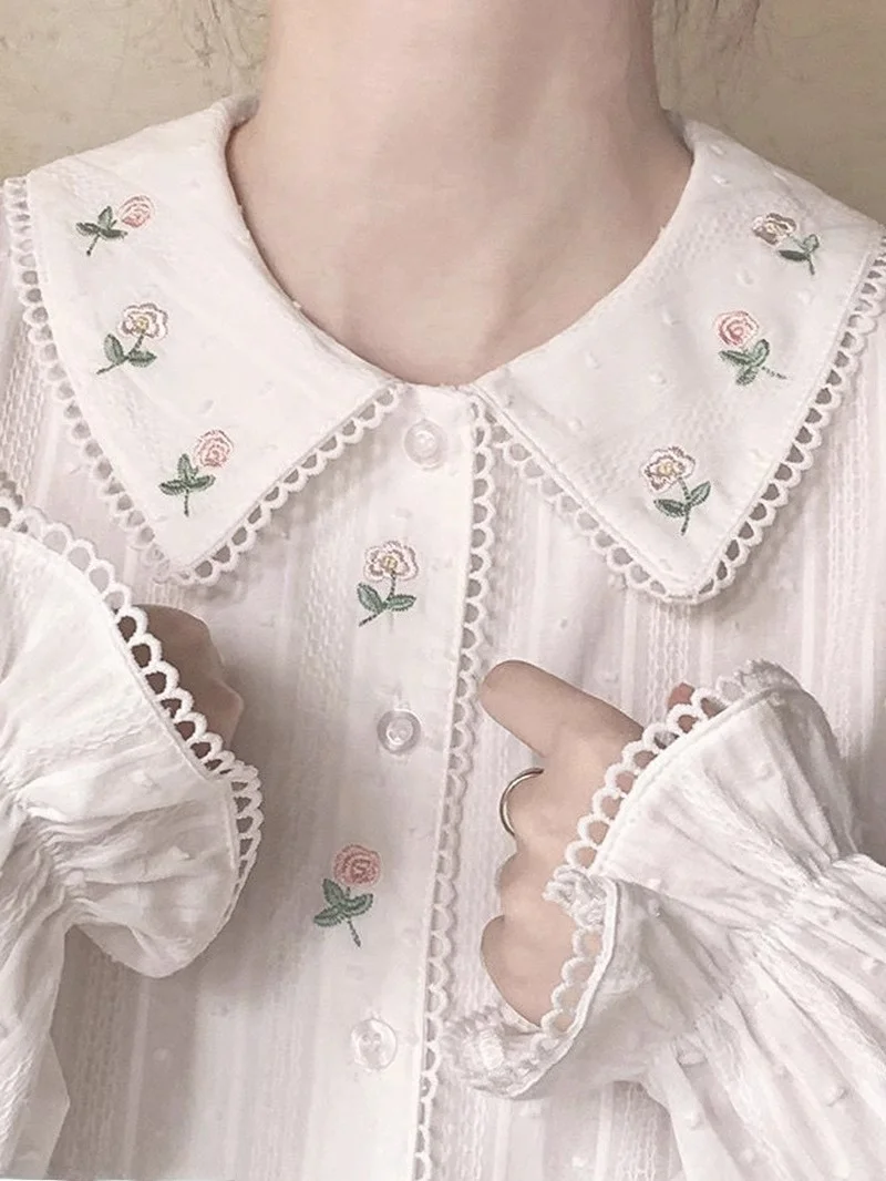 

Soft Cotton Long Sleeve Blouse with Ruffle Sleeves And Doll Collar Loose Fit Autumn Winter Pure Color Korean Style Office Com...