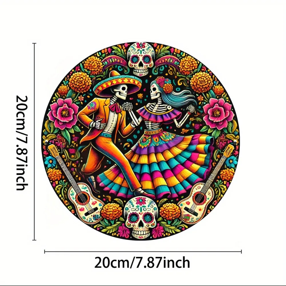 1pc 2D Flat Round Iron Metal Sign - Day of the Dead Lovers Sugar Skeleton Wall Art, Mexican Folk Art with Vibrant Floral Design