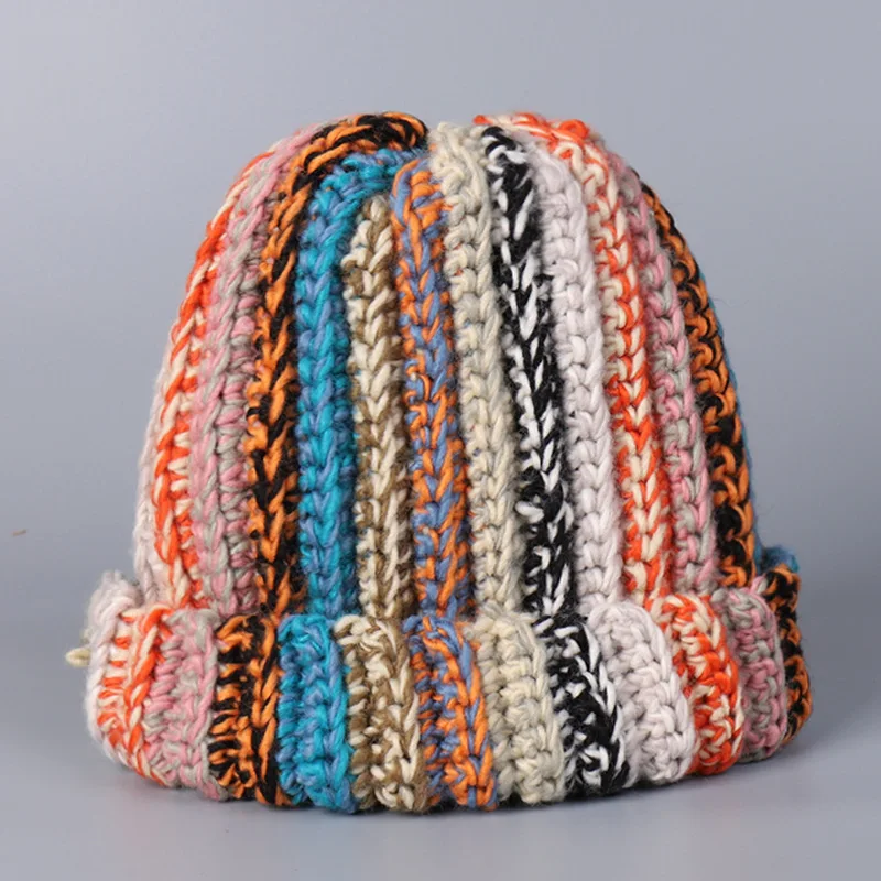 

Japanese Style Women Handmade Stick Needle Knitted Wool Hat Men Winter Warm Ear Protection Colored Wool Striped Beanie Hat