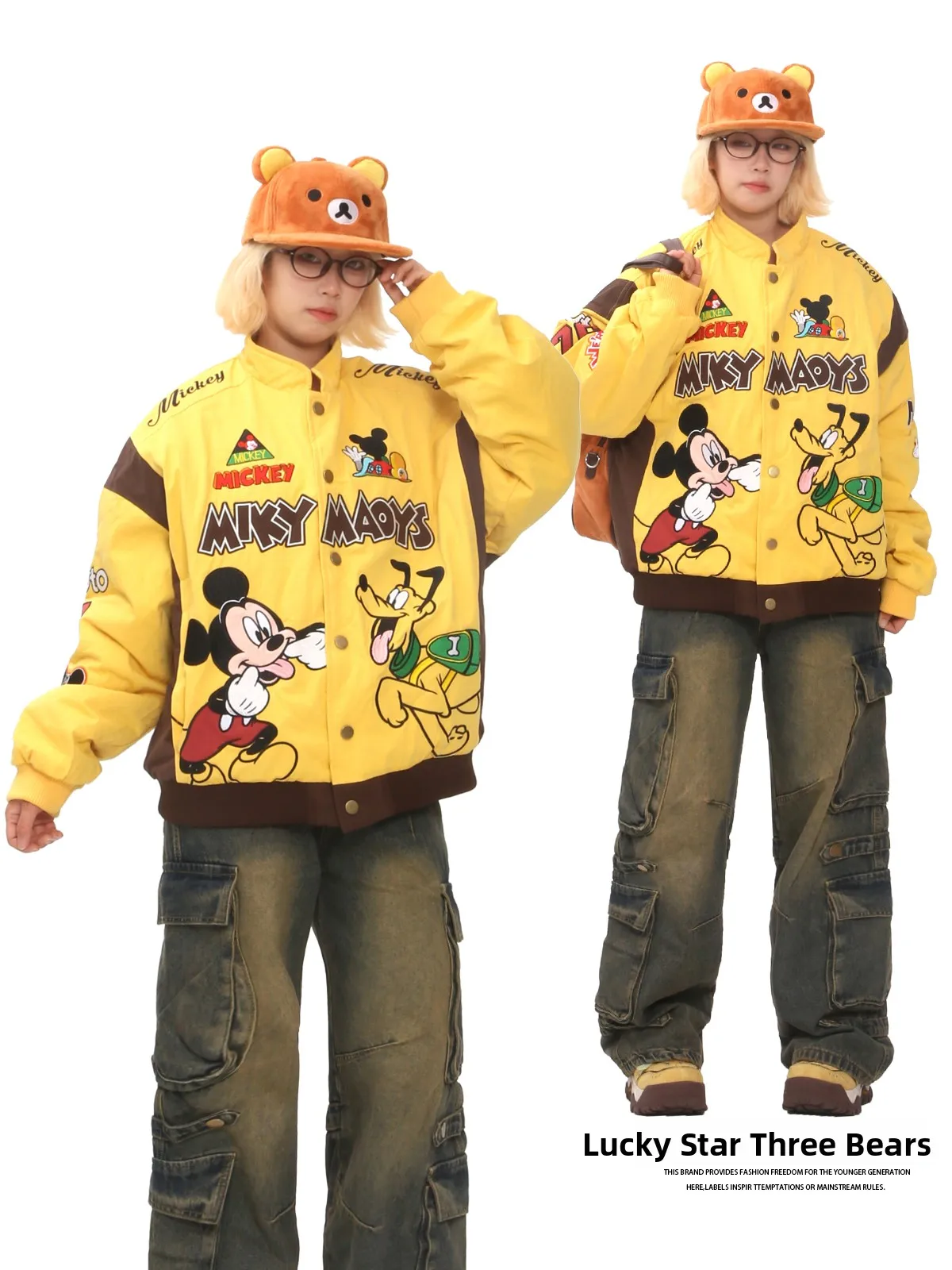 

Tee Bears American Design Cartoon Embroidery Motorcycle Jaet Women's Loose College Sle Baseball Coat Streetwear Hippy