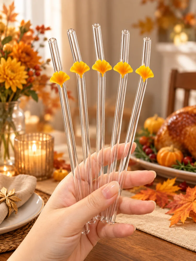 3/5PCS Ginkgo Leaf Decor Bent Glass Straw, Reusable Clear Straw for Autumn Party Wedding Holiday Gift