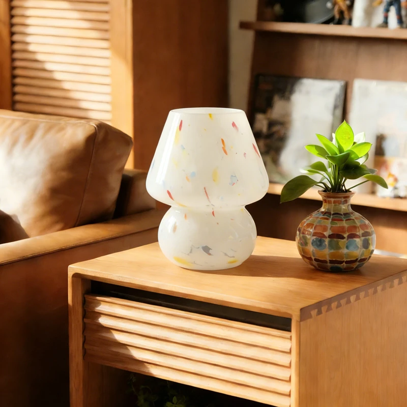 アメリカンレトロ-カラフル柄ガラス-マッシュルーム型テーブルランプ-インスタイル-女の子の寝室-ベッドサイド-led-暖色系雰囲気ランプ