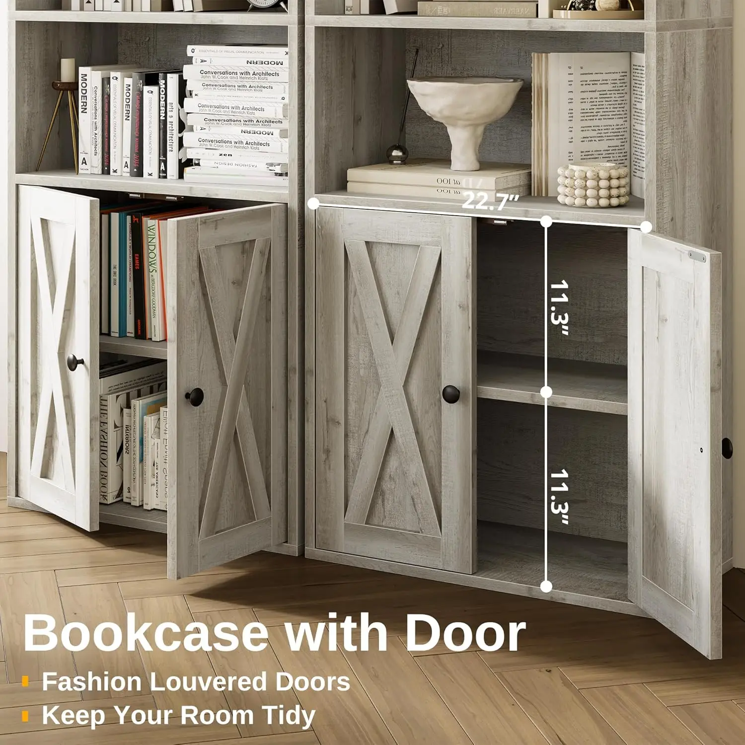 أرفف الكتب الصناعية IRONCK وخزائن الكتب مع الأبواب 11.8 بوصة مجموعة عمق من 2 أرضية واقفة و5 أرفف تخزين للعرض