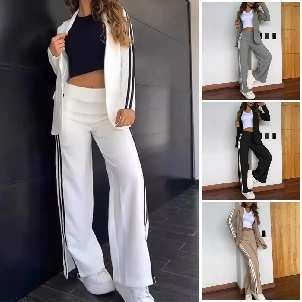 2024 Elegant Office Lady Set Fashion Lapel No Buckle Blazer Striped Side Split Straight Trousers Two Piece Set Autumn New Outfit