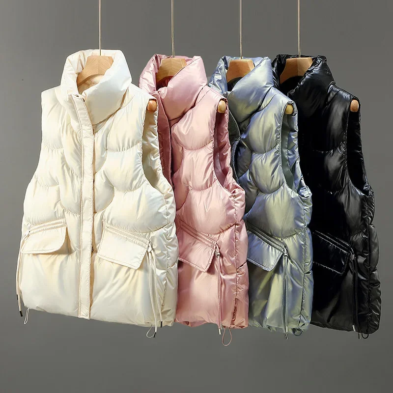 

Women Vests Sleeveless Stand Collar Solid Color Coats Zipper Pockets High Street Draw String Outerwear Slim Fit Autumn 2023