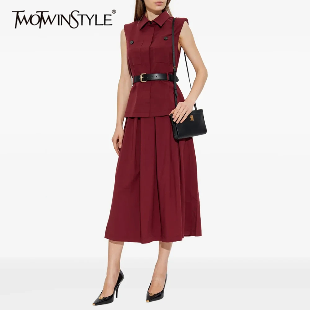 

TWOTWINSTYLE Solid Casual Two Piece Sets for Women Lapel Sleeveless Spliced Belt Top High Waist Long Skirt Fashion Set Female