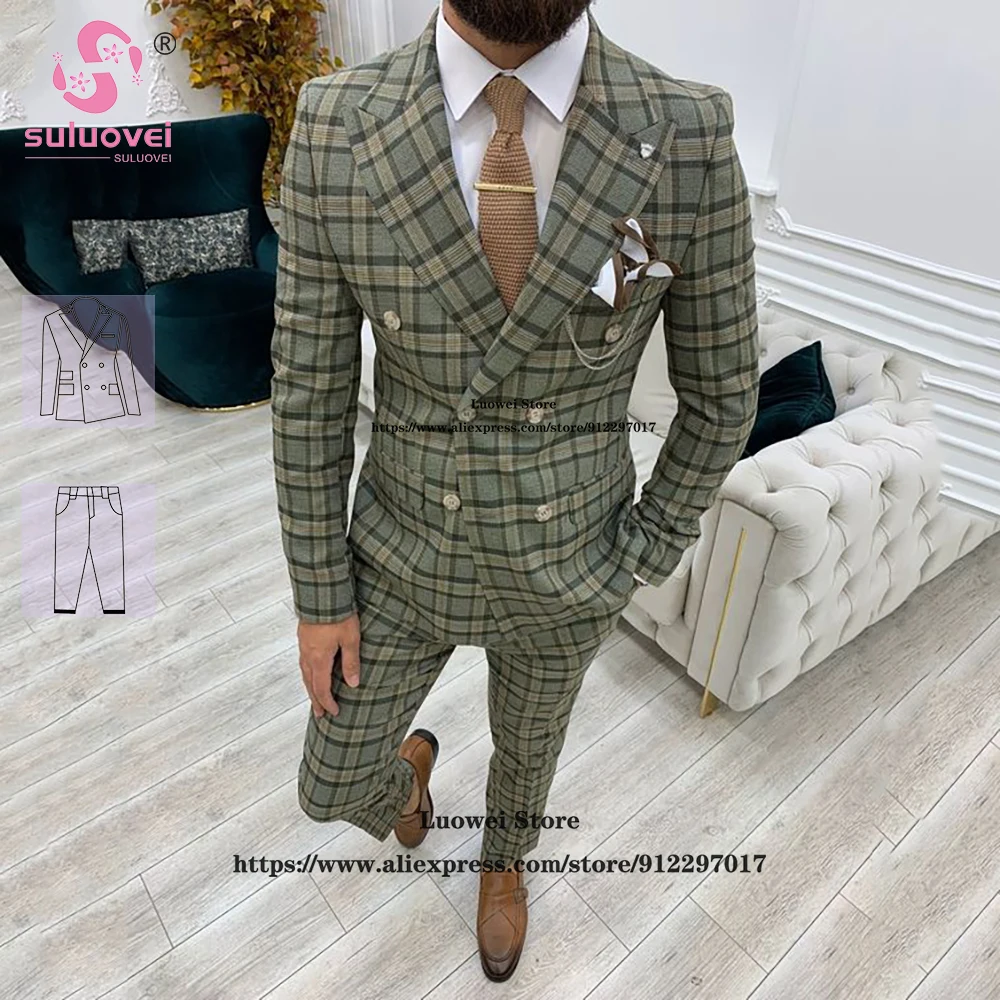 

Elegant Plaid Double Breasted Suits For Men Slim Fit 2 PCS Jacket Pants Set Prom Groom Wedding Check Peaked Lapel Tuxedos Blazer