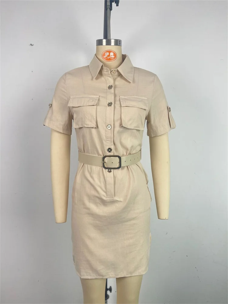 Wmstar New Summer Women Dress Short Sleeved Shirt Collar Button Belt Pocket Dresses Sommerkleid Wholesale Dropshipping 2024