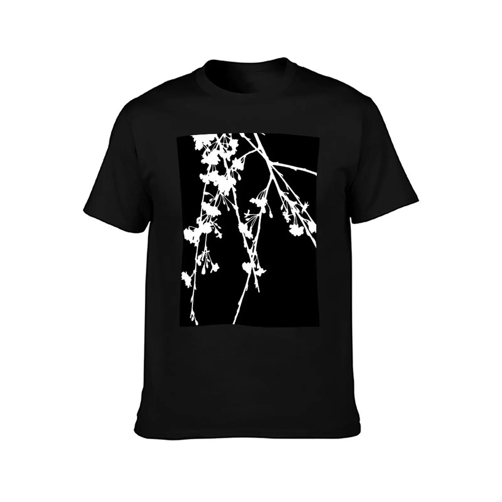 فرع شجرة الكرز البكاء ، تي شيرت أبيض وأسود اللون تي شيرت للرجل جرافيك عتيق قطن تي شيرت عالي الجودة
