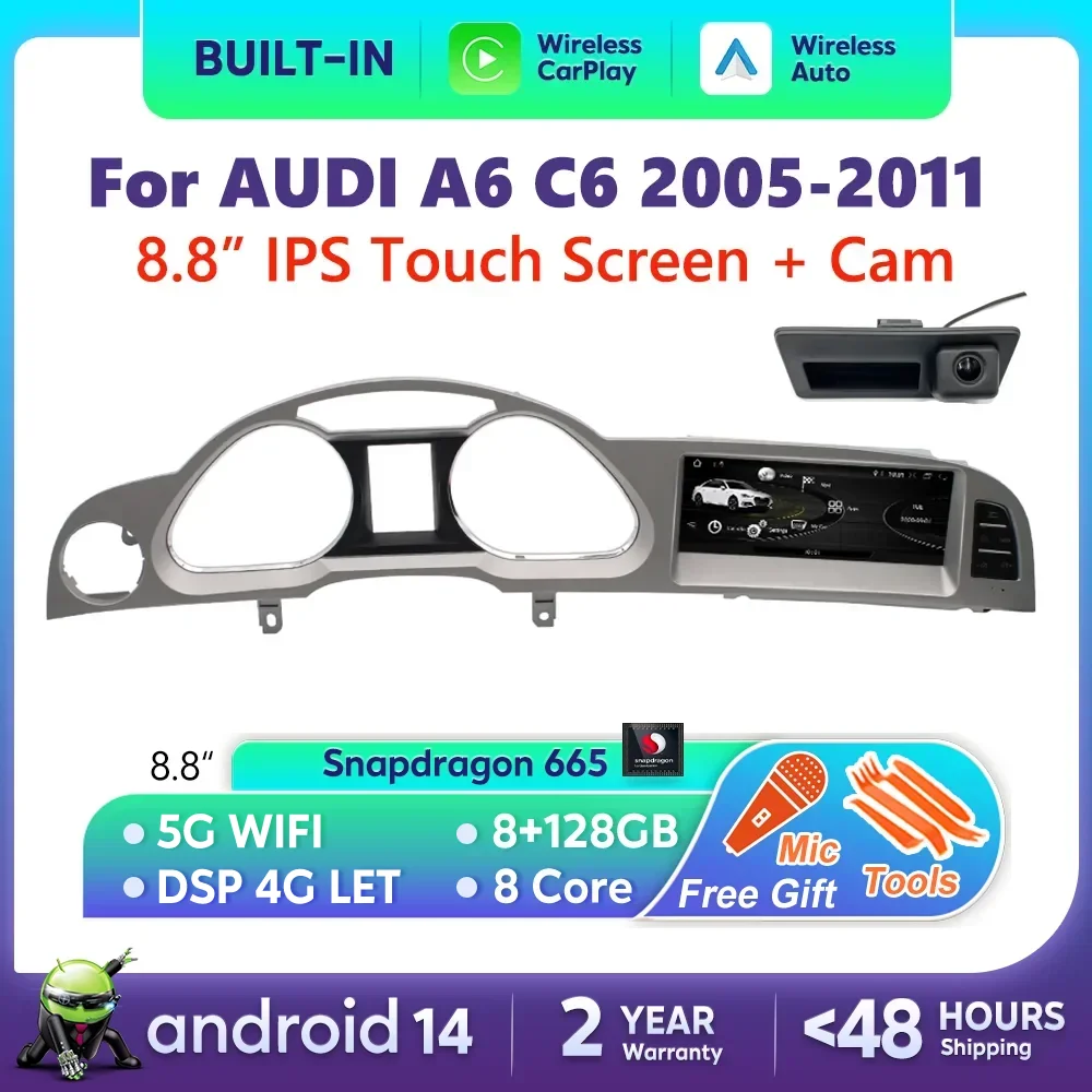 Android 14 Auto Radio CarPlay dla Audi A6 C6 4f 2005 2006 2007 2008-2011 MMI 2G 3G Samochodowy ekran multimedialny Navi z kamerą tylną