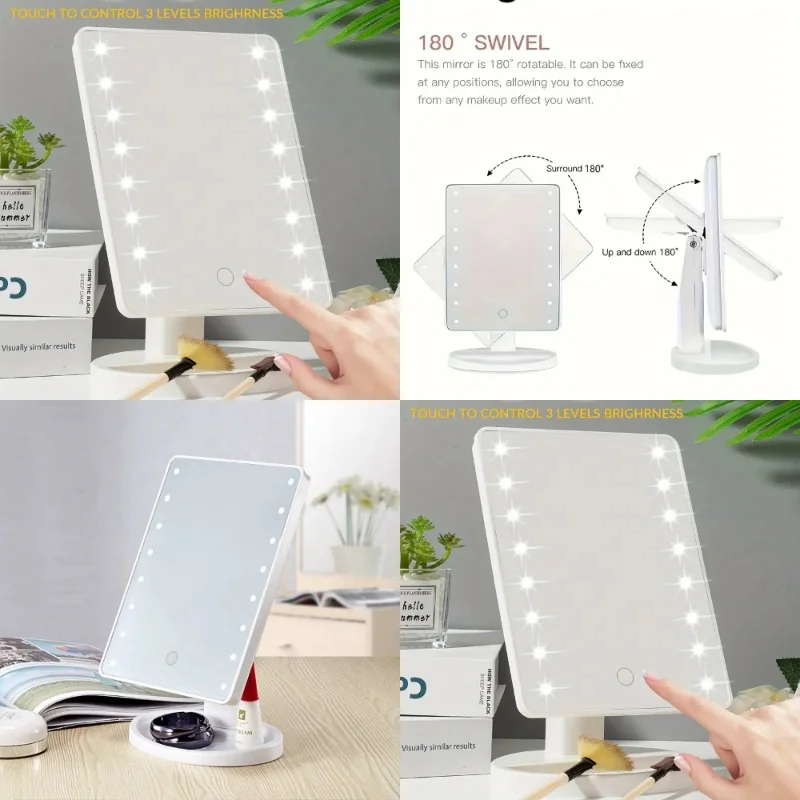 مرآة مكياج تعمل باللمس 16LED مع سطوع قابل للتعديل، ضوء 3 سرعات، تصميم قابل للدوران للسفر، النوم، غرفة النوم، سطح المكتب والزينة
