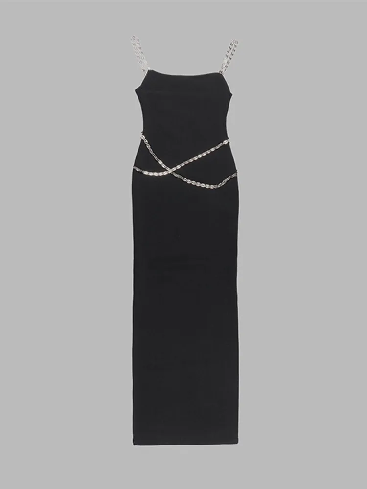 Women Summer Luxury Sexy Sleeveless Backless Chain Black White Maxi Long Gowns Celebrity Elegant Evening Party Club Dress