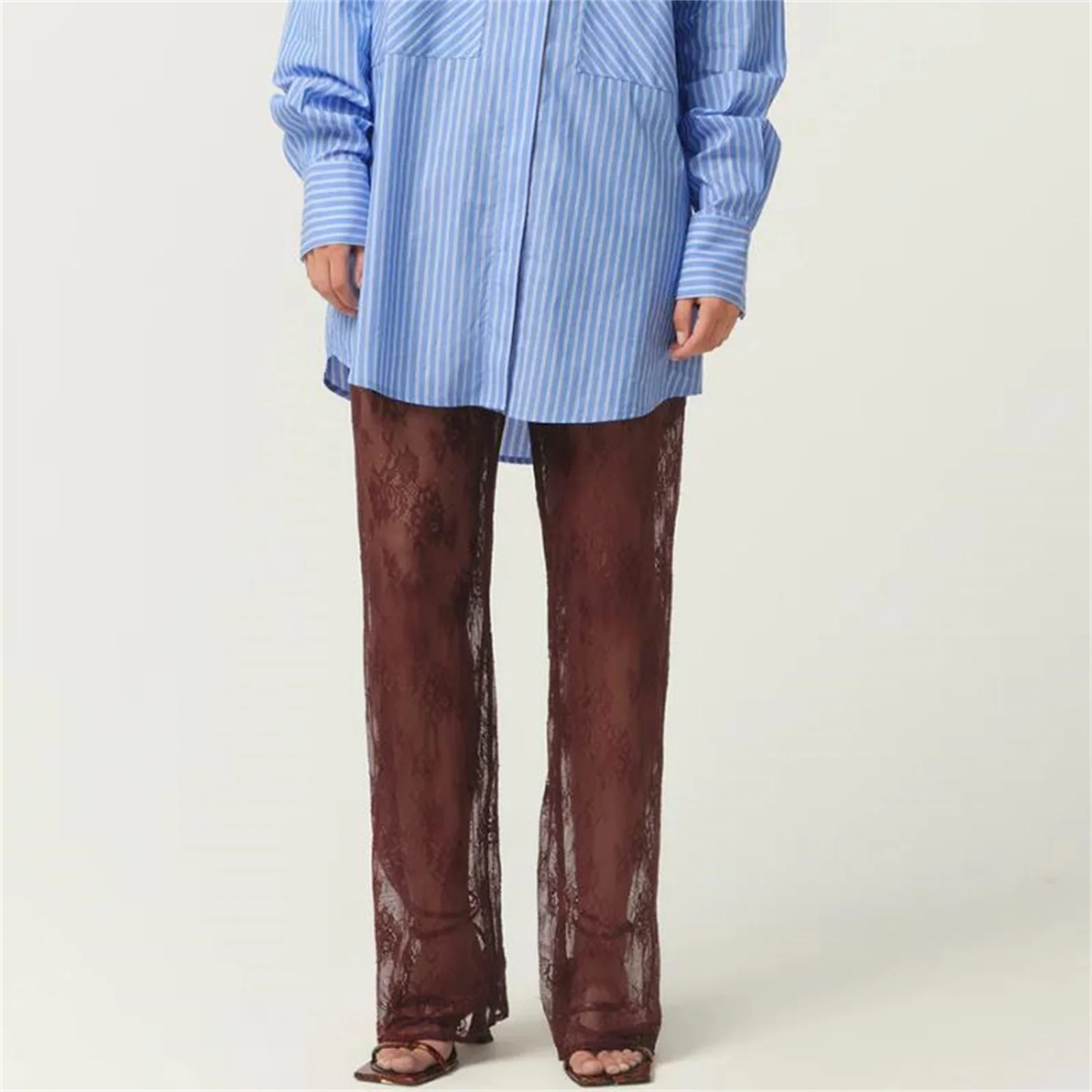 Summer Flower See Through Elastic Waist Straight Leg Long Trousers Women Lace Pants Casual Pants