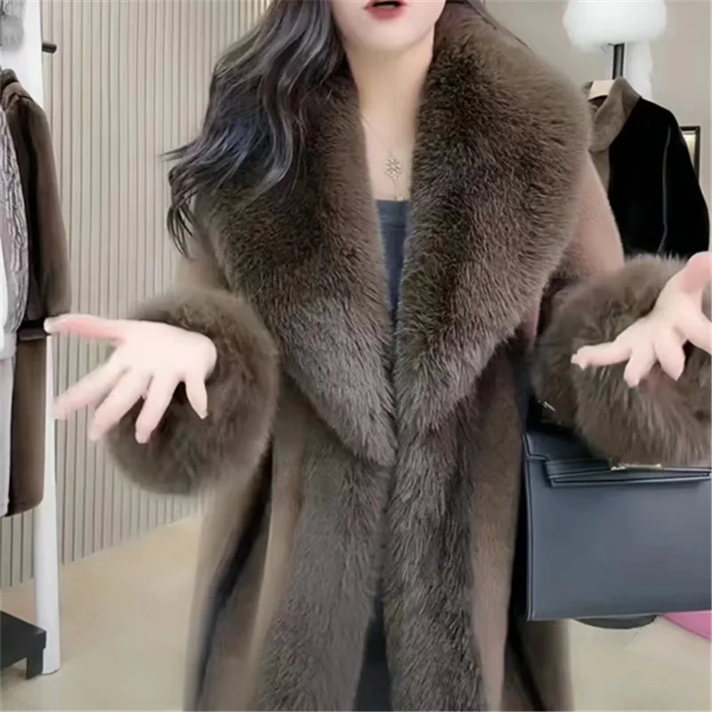 Faux Fur Coat for Women, Long Jacket, Thick Warm Clothes,Fox Fur Collar,Spliced, Korean, Autumn and Winter, 2024