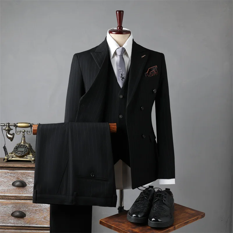 (46) Custom 2024 Double-breasted Striped Suit for Men, Groom's Suit, Business Slim Suit, Formal Wear