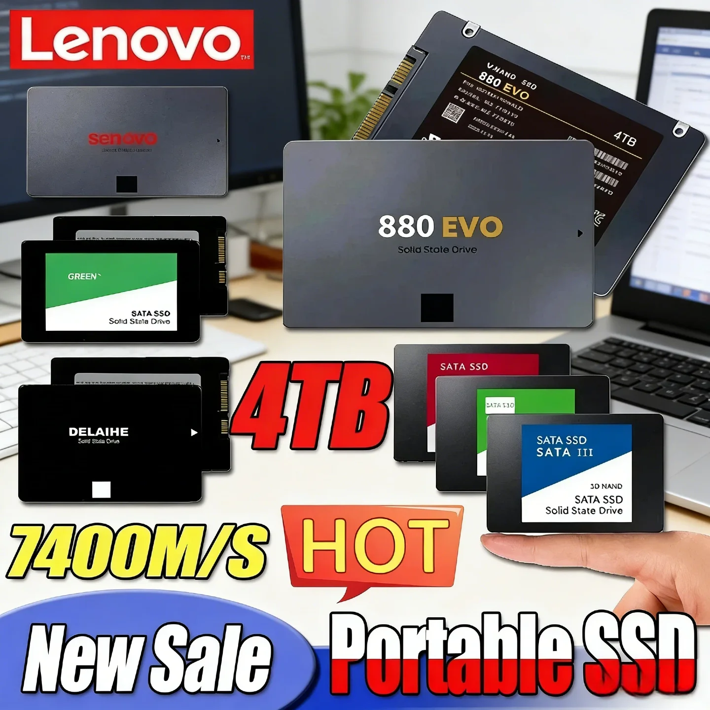 

Внешний твердотельный накопитель Lenovo 4 ТБ для внутреннего жесткого диска, интерфейс SATA 3, портативный высокоскоростной твердотельный накопитель для ноутбука