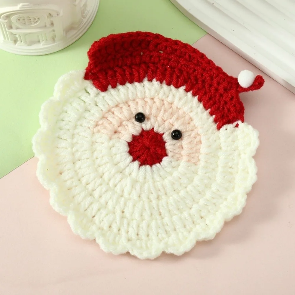 Handmade Christmas Crochet Coaster Yarn Christmas Tree Knitted Drink Coaster Santa Claus Gingerbread Man Heat Insulation Pad