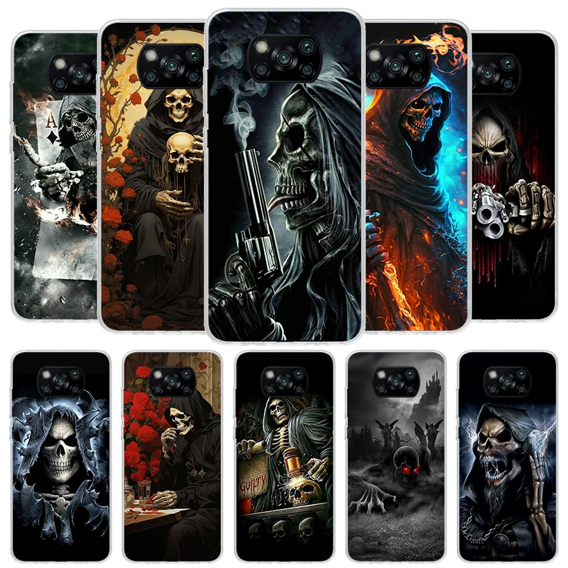 Reaper Skull Skeleton Gun Cover Phone Case For Xiaomi Poco X6 X5 X4 Nfc X3 Pro F6 F5 F4 Gt F3 F2 F1 M5S M4 M3 Soft Fundas Shell