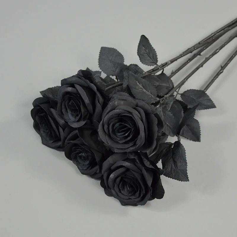 5pcs Black Rose Artificial Flower Head Bouquet Gothic Home Living Room Halloween Weeding Chritmas Decoration New Year Decoration