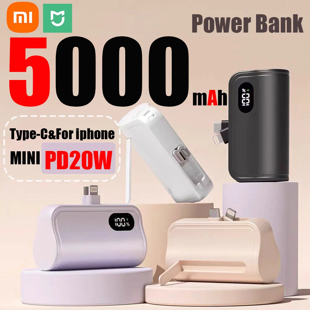 Xiaomi Mini 5000mAh Power Bank Cavo costruito Caricatore portatile per telefono cellulare Capsula batteria esterna Powerbank per iPhone di tipo C