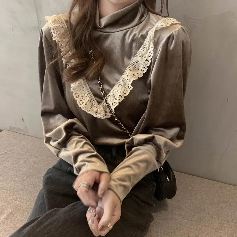Lace Blouses Ruffle Patchwork Women Black Shirts Korean Vintage Turtleneck Elegant Ladies Tops Blusa Mujer De 2024 Ruffle Top