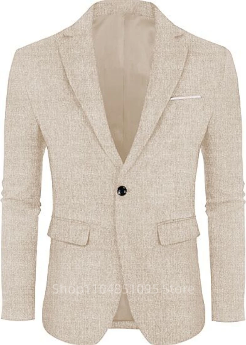 

Beige/Blue Linen Men Suit Jackets Casual Blazer Notch Lapel Tops Groom Summer Beach Slim Fit Wedding Business Suits Only Coat