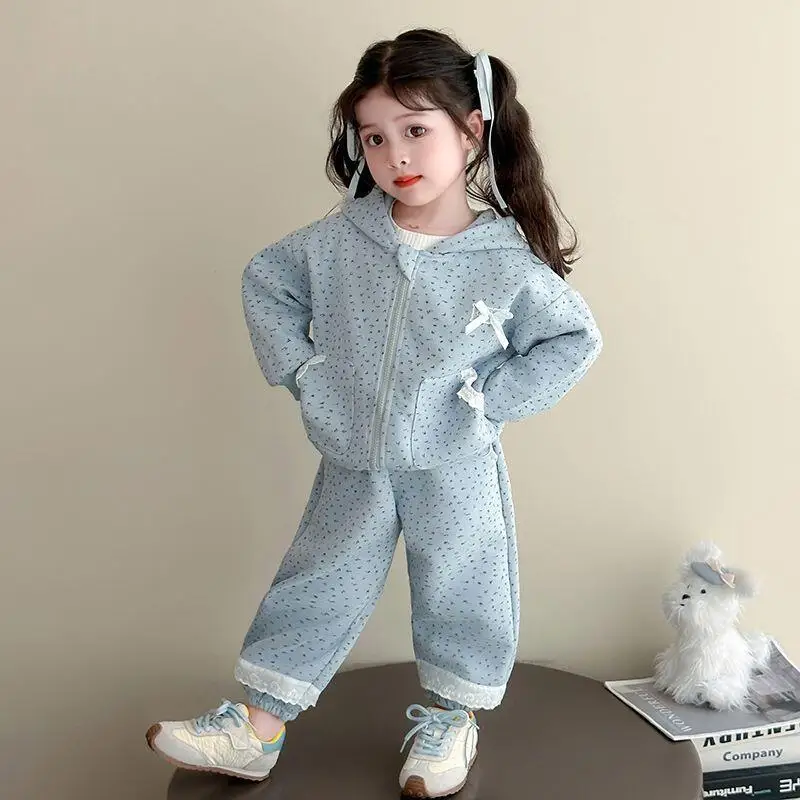 

Толстовка для девочек, 2 шт., весенне-осенний новый стиль, куртка Kawaii, модный цветочный корейский стиль, брюки на молнии с капюшоном, спортивный костюм