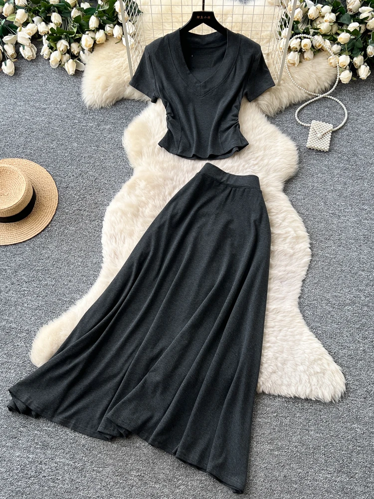 

Korean Style Salt System Summer Outfit Women's High Waist Slim Fit Short Sleeve Top Half Skirt Loose Feeling Quality Set